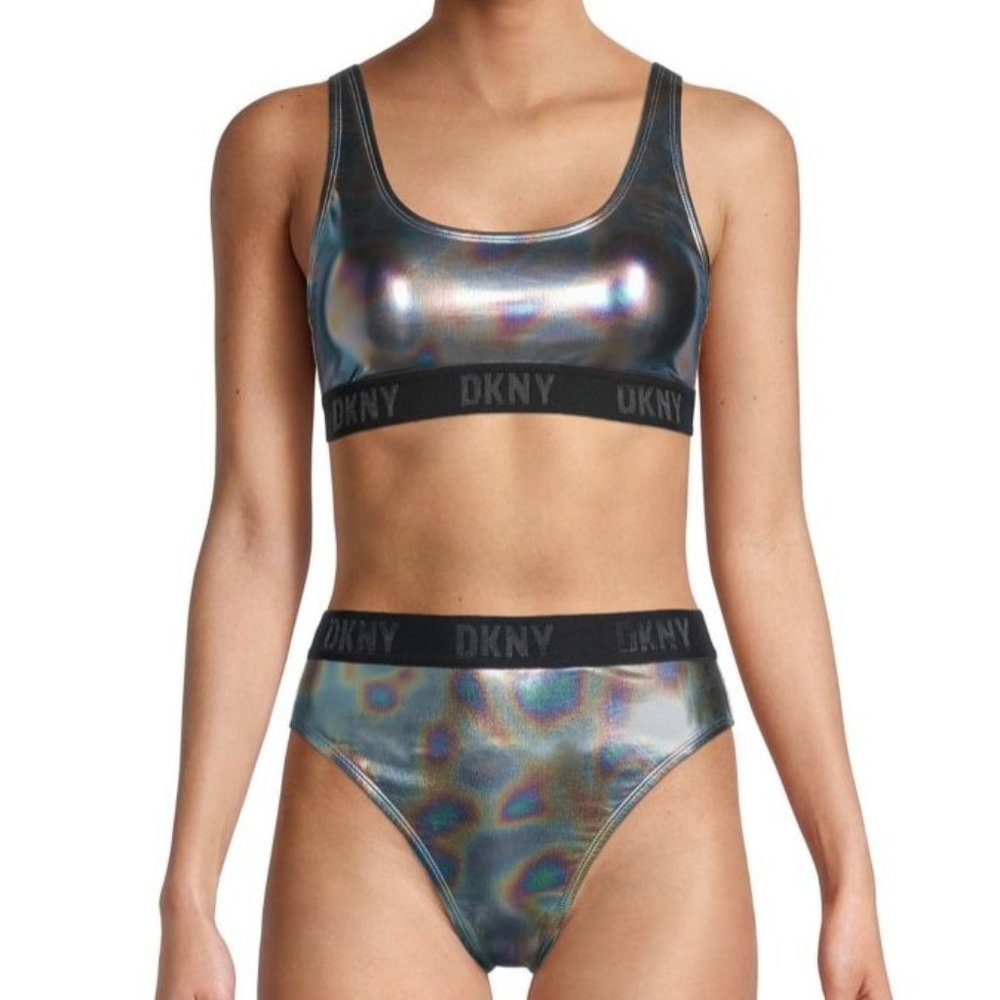 DKNY Metallic Holographic Logo Bikini Set Size Medium - Picture 1 of 9